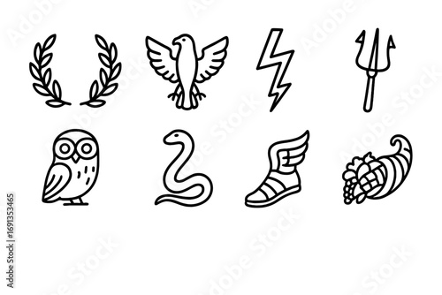Mythological Icons Set. Outline icon set of mythological symbols and emblems: laurel wreath, eagle, lightning
