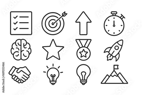 Motivation Icons Grid. Outline icon set of motivation factors: checklist, target, upward arrow, stopwatch,
