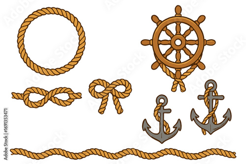 Nautical marine vector icon set. Cartoon rope, anchor, ship wheel, and knots. Sailor and sea collection for travel logo, boat decal, decorative frames, and borders.