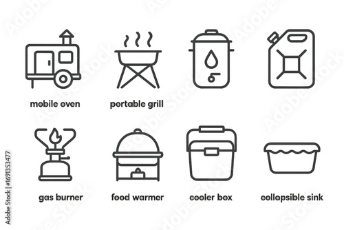 Field Kitchen Icons. Outline icon set of field kitchen equipment: mobile oven, portable grill, water heater, fuel canister, gas