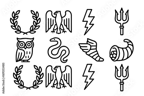 Mythological Icons Set. Outline icon set of mythological symbols and emblems: laurel wreath, eagle, lightning