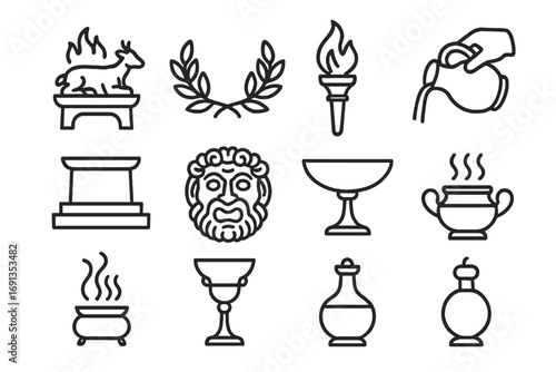 Mythology Ritual Icons. Outline icon set of ancient mythology rituals: sacrifice, laurel crown, torch,