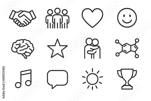 Social Connection Icons. Outline icon set of social bonding and dopamine: handshake, group of people, heart,