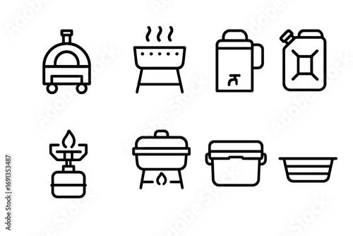 Field Kitchen Icons. Outline icon set of field kitchen equipment: mobile oven, portable grill, water heater, fuel canister, gas