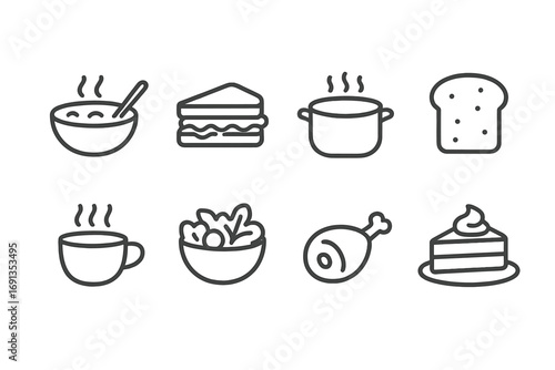Field Kitchen Icon Set. Outline icon set of field kitchen meals: soup bowl, sandwich, stew pot, bread slice, hot drink cup, salad