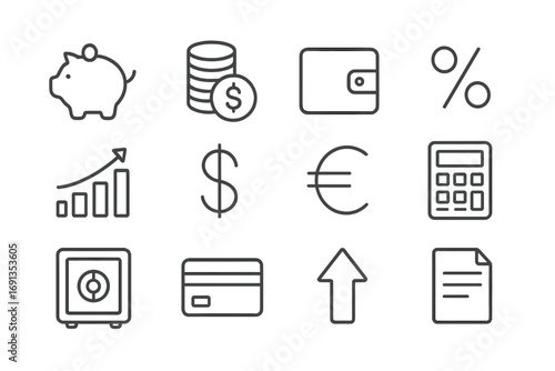 Savings Icons Set. Outline icon set of savings accounts: piggy bank, coin stack, wallet, percentage sign,