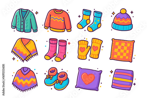 Cozy Knit Icons. Colorful isometric vector icons set of cozy knit clothing: cardigan, pullover, knitted socks, winter hat, shawl,