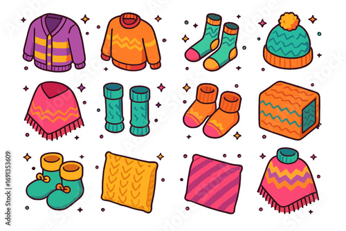 Cozy Knit Icons. Colorful isometric vector icons set of cozy knit clothing: cardigan, pullover, knitted socks, winter hat, shawl,
