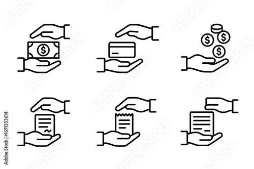 Finance and Locker Icons. Outline icon set of hand over in finance: handing over money, exchanging credit card, passing checkbook,
