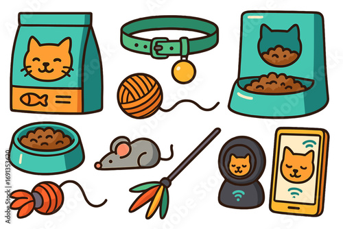 Pet care accessories set. Cat owner items collection. Food, toys, collar, automatic feeder, pet camera and monitoring app. Vector cartoon illustration for pet shop design.