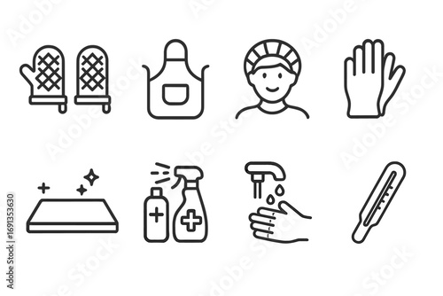 Baking Safety Icons. Outline icon set of Baking safety and hygiene: oven mitts, apron, hairnet, gloves, clean