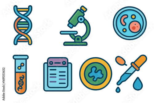 Colorful scientific icons for molecular biology and genetics. Vector lab tool set with DNA, microscope, petri dish, cell culture for research. Cartoon illustration.