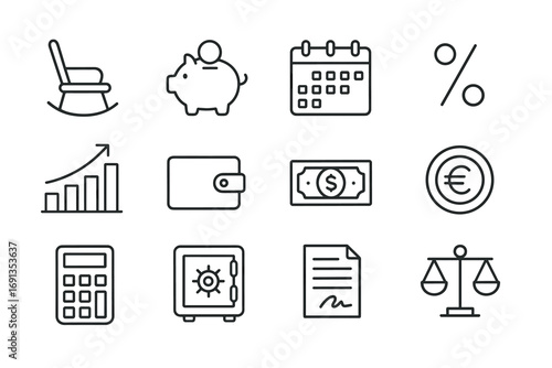 Retirement Savings Icons. Outline icon set of retirement savings: rocking chair, piggy bank, calendar,