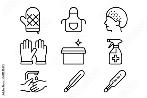 Baking Safety Icons. Outline icon set of Baking safety and hygiene: oven mitts, apron, hairnet, gloves, clean