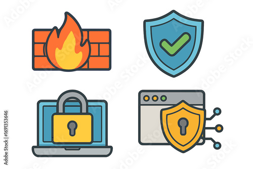Cybersecurity icon set with firewall, data protection, and network security symbols. Vector illustration of internet safety concepts like privacy, antivirus shield, and web access.