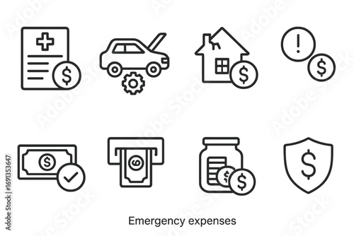 Financial Icons Set. Outline icon set of emergency expenses: hospital bill, car repair, home damage, unexpected fees, urgent