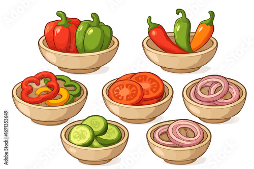 Vector cartoon set of fresh vegetable ingredients in bowls. Sliced bell pepper, chili, tomato, onion, cucumber for cooking, salad bar, or toppings. Healthy eating concept.