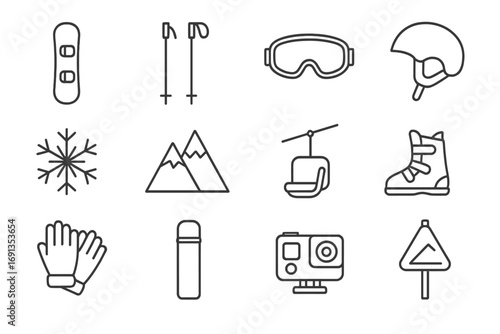 Winter Sports Icons. Outline icon set of snowboarding and skiing: snowboard, ski poles, ski goggles, helmet,