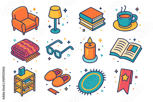 Cozy Reading Nook Icons. Colorful isometric vector icons set of cozy reading nook: armchair, floor lamp, stack of books, cup of