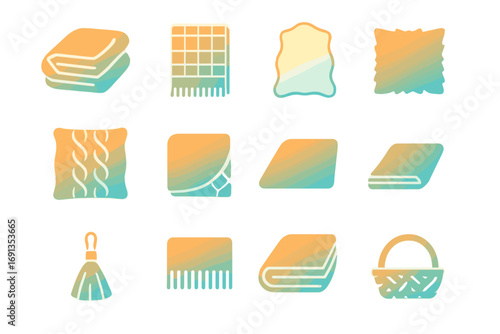 Cozy Picnic Icons Grid. Gradient icons set of cozy picnic blankets and textiles: wool blanket, plaid throw, sheepskin rug, knitted