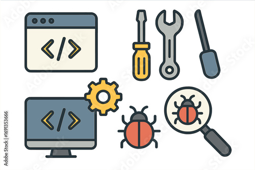 Web development icon set. Programming, coding, and bug fixing tools. Vector icons for software development, debugging, quality assurance, app testing and code maintenance.