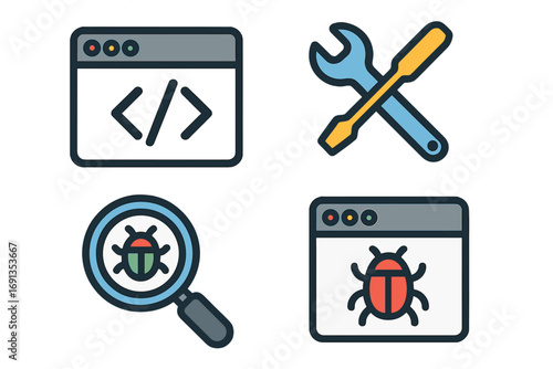 Programming and coding icon set. Flat vector graphics for bug fixing, software development, and quality assurance. Web tools, testing, debugging, and virus scan concepts.