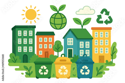 Sustainable urban living concept with recycling bins. Green city with eco-friendly houses. Waste separation and management illustration. Planet care and environmental protection. Vector.