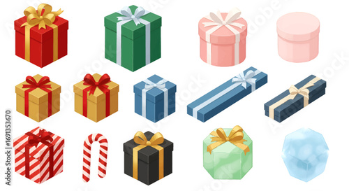 A collection of colorful, isometric gift boxes with ribbons and bows in various shapes and sizes, arranged on a white background.