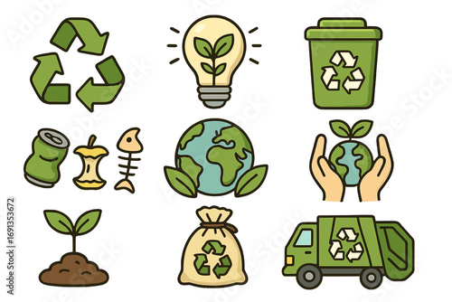 Sustainability and eco-friendly icon set. Recycling and waste management symbols. Ecology, green energy, and environment conservation concept. Vector cartoon illustration.
