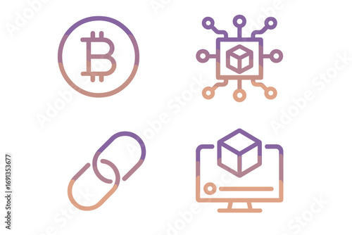Gradient cryptocurrency blockchain icon set. Modern minimalist vector line art illustration. Bitcoin, finance technology, digital currency, crypto exchange concept. Web3 icons.