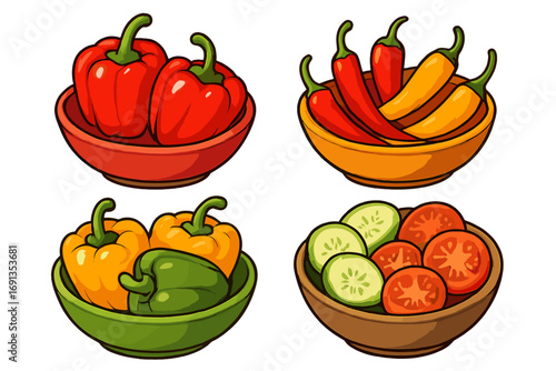 Vegetable set in bowls vector illustration. Red, yellow, green bell peppers, hot chili, sliced tomato, cucumber. Fresh organic harvest for healthy vegan food diet.