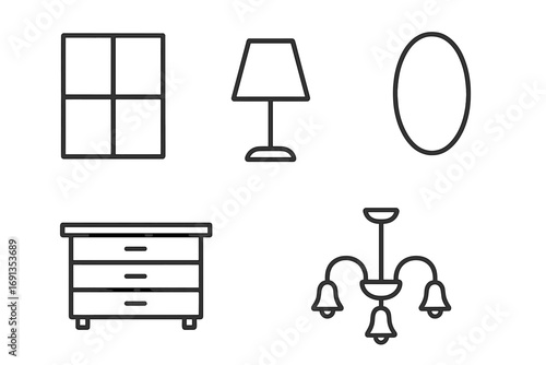 Window lamp mirror dresser chandelier simple isolated line icons collection, editable stroke vector cartoon set for websites, apps, books, cards, home decor and interior design
