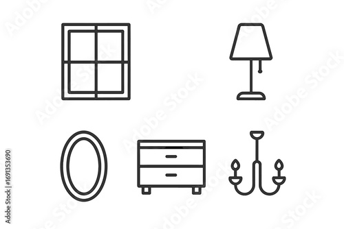 Simple isolated line icons collection of window, lamp, mirror, dresser, chandelier. Editable stroke vector set for websites, books, cards, apps, interior design elements.