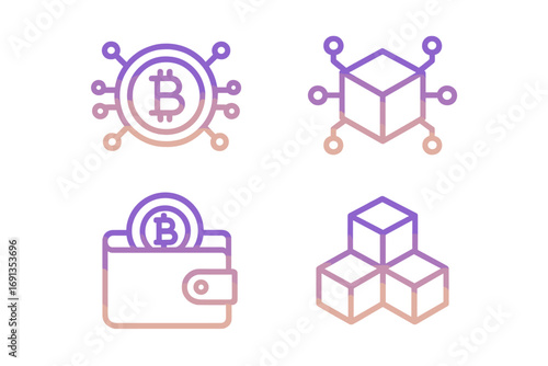 Gradient cryptocurrency blockchain icons set. Modern minimalist vector symbols of bitcoin, crypto wallet, and decentralized network blocks. Digital finance technology concept.