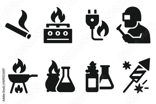 Fire Risk Icon Set. Solid, filled icon set of fire risk behaviors: careless smoking, unattended stove, overloaded socket, welding