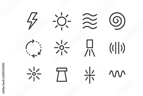 Energy Symbols Icons. Outline icon set of Energy symbols: lightning bolt, sun rays, aura waves, spiral,