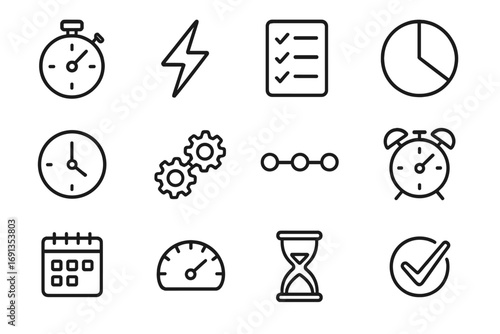 Time Efficiency Icons. Outline icon set of time efficiency: stopwatch, lightning bolt, checklist, pie chart,