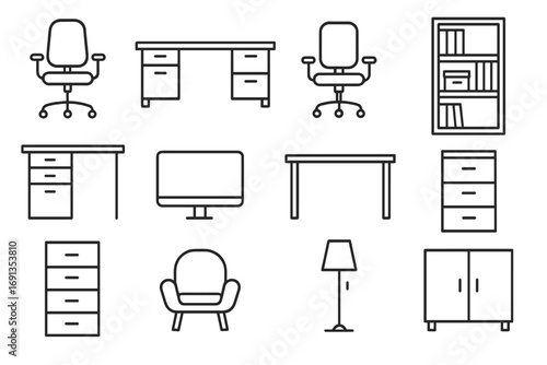 Office furniture line icon set with chairs, desks, storage cabinets, lamps, computer monitor. Editable stroke vector illustration for infographics, articles, banners, flyers