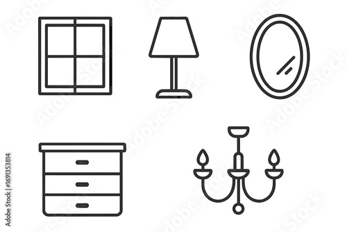 Thin line icons set of window, lamp, mirror, dresser, chandelier. Editable stroke vector collection for websites, apps, cards, books. Interior decor, furniture icons