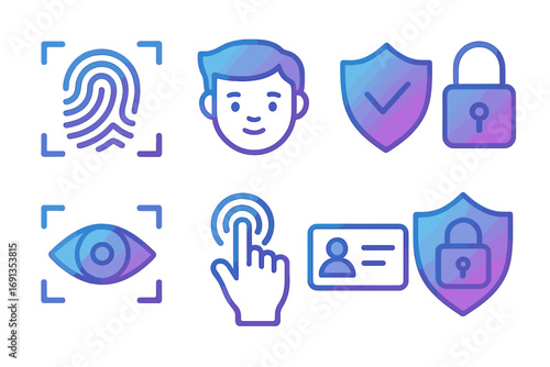Biometric security icon set in a modern gradient style. Vector symbols for fingerprint, face recognition, eye scan, touch id, and id card for digital access control.