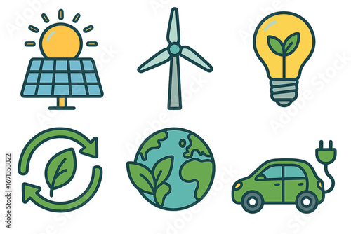 Renewable energy icon set for sustainability initiatives. Green technology symbols for a cleaner future. Vector collection with solar panel, wind turbine, electric car, and planet.
