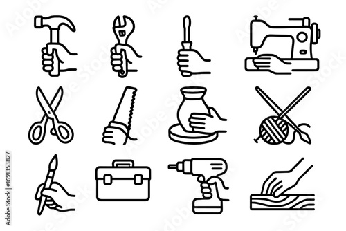 Craft Tools Icons. Outline icon set of hands-on craft skills: hammer, wrench, screwdriver, sewing machine, scissors, saw, pottery