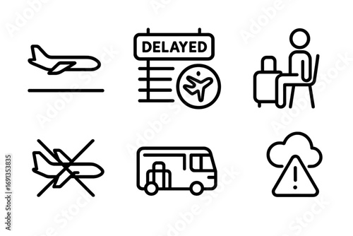 Flight Delay Icons. Outline icon set of flight delay: airplane on runway, delayed departure board, clock with airplane, passenger