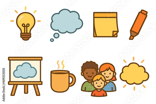 Creative Brainstorming Icons. Flat vector mini-illustrations Brainstorming and ideation session in colors children's illustrations