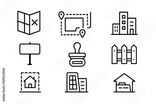 Zoning Regulations Icons. Outline icon set of Zoning regulations: map, boundary lines, city plan, building