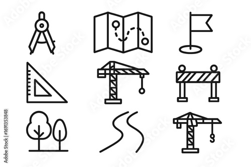 Site Planning Icons. Outline icon set of Site planning requirements: compass, map, ruler, flag marker, crane,