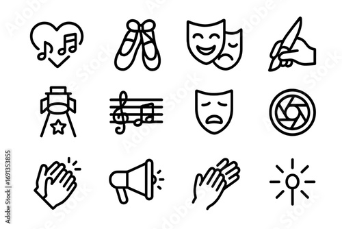 Creative Icons Grid. Outline icon set of creative performance symbols: heart with music notes, dancing shoes, art mask, hand with