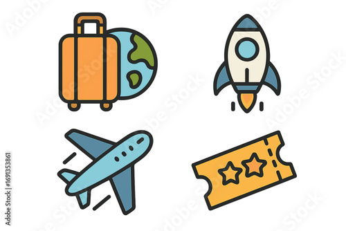 Travel icon set for journey and exploration. Vector icons for world travel, luggage, airplane flight, space rocket launch, and event ticket. Flat cartoon graphic element.