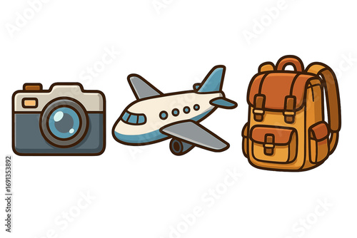 Travel icon set with camera, airplane, and backpack. Vector cartoon illustration for adventure tourism. Vacation essentials for photography, flight, and hiking journey.