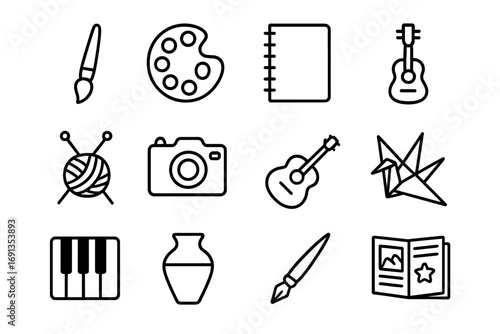 Creative Outlets Icons. Outline icon set of Creative outlets for relaxation: paintbrush, palette, sketchbook, knitting needles,